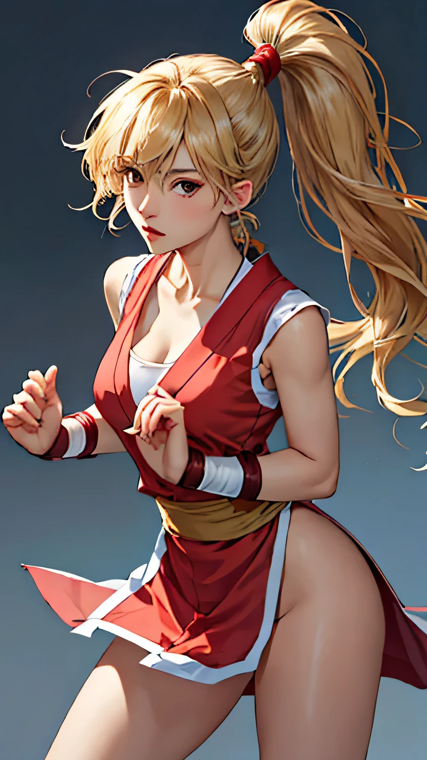 masterpiece, best quality, beautiful art, high resolution, well formed hands, body and fingers, 1 woman, solo, adult, medium breasted, japonesa, Maki Genryusai, long hair , blond_hair, brown eyes, hair ribbon, ponytail, gorgeous legs, fury