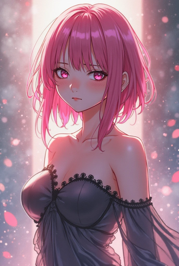 1girl, portrait, loli anime girl with short pink hair wearing maid outfit, pink hair with blue gradient shades, pink eyes, close up face, detailed eyes, detailed hair, emotional lovely happy expression, crystal glowing eyes, cinematic lighting, extremely detailed body, face, clothes, (best quality,4k,8k,highres,masterpiece:1.2),ultra-detailed,ultra HD, masterpiece, very very anime style, bokeh, starry shining lighting, original characters