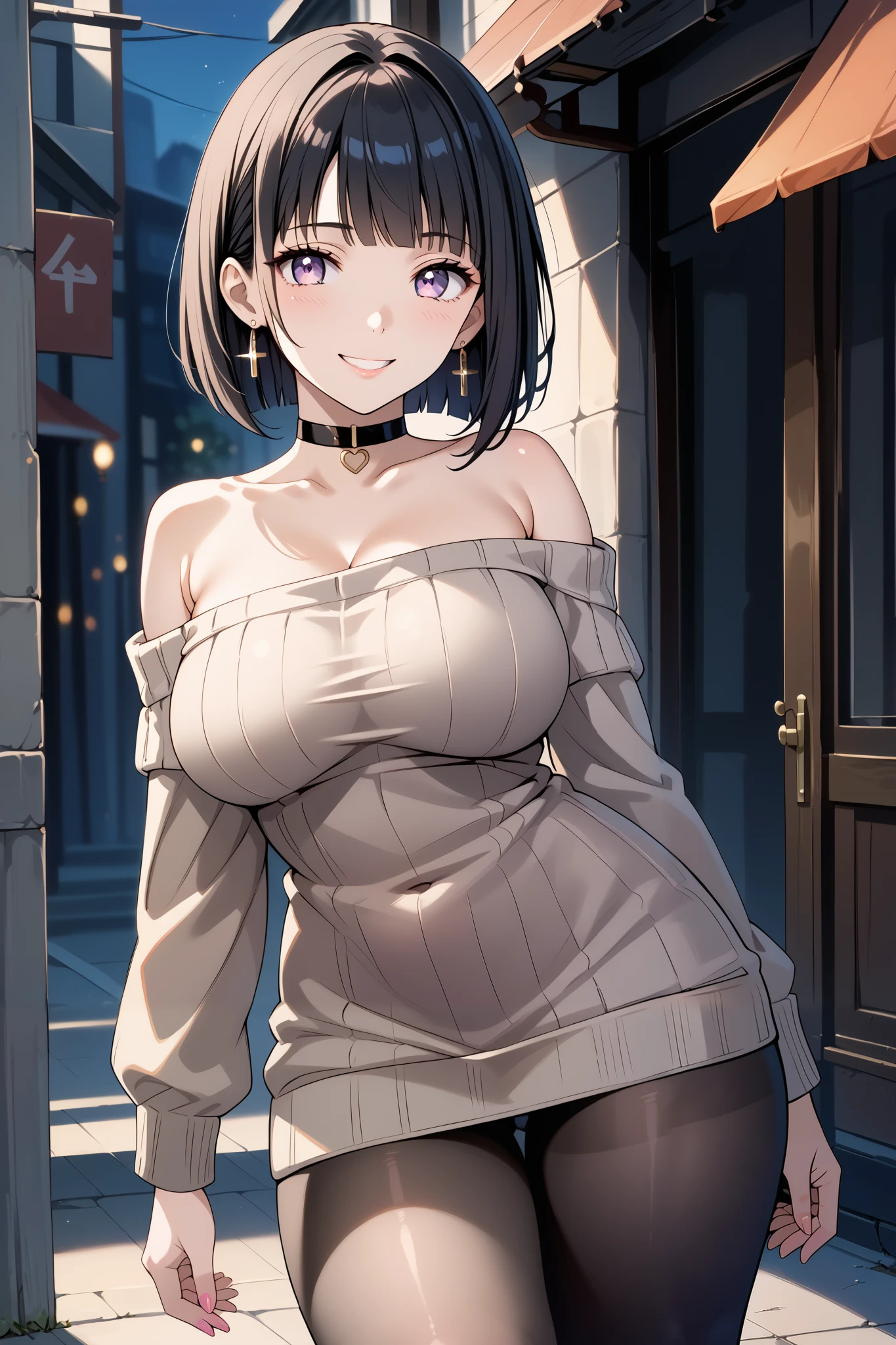 score_9, score_8_up, score_7_up, source_anime, 4K,perfect fingers,(perfect hands, perfect anatomy),prefect lighting, very aesthetic, intricate details,highly detailed background, masterpiece, high quality, best quality,
1girl, hinata_boru, bangs, short hair, black hair, huge breast,dense chest,
wearing ((pantyhose, choker, earrings, jewelry, sweater, collarbone, black_choker, off_shoulder, dress, bare_shoulders, black_pantyhose, )) ,,
gyaru, looking_at_viewer, smile,