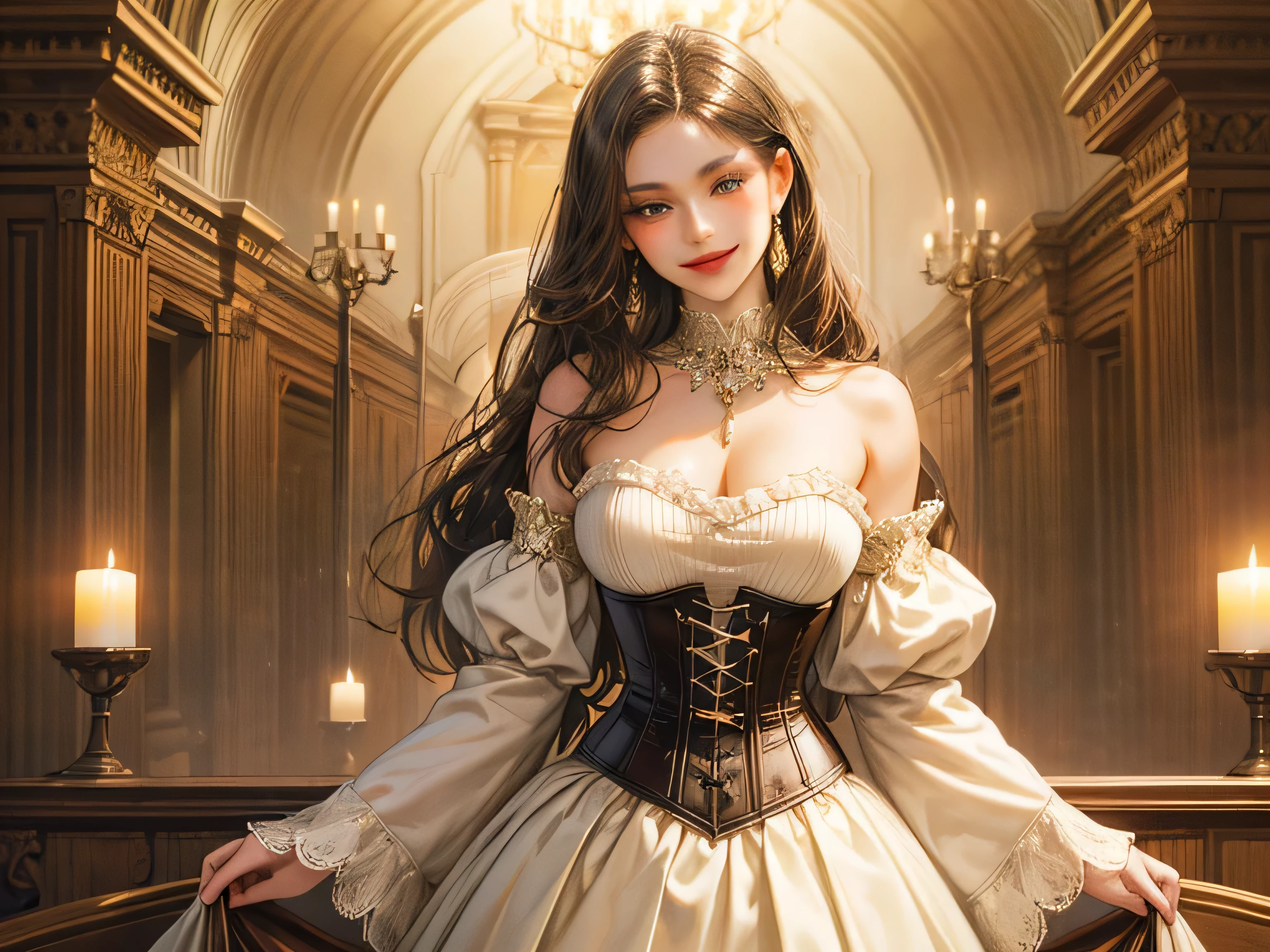 ((Top Quality: 1.4)), (Unparalleled Masterpiece), (Ultra High Definition), (Ultra Realistic 8k CG), (Head to Thigh Half Body Shot: 1.4), (High Definition Skin: 1.4), (Photorealistic: 1.4), (30-year-old maid), (Concept Art), Highly detailed maid costume, mini skirt with ruffles, stunningly beautiful, cinematic, happy, Inside an old western house, candle light, anisotropic filtering, depth of field, maximum clarity and sharpness, multi-layered texture, Octane rendering, two-tone lighting, 3D rendering, close to perfect, highly detailed beautiful hair, highly detailed hairstyle, 8 life-size, thicc body, perfect anatomy, symmetrical and balanced, beautiful gradient, Sharp focus, 4K resolution, golden ratio, center image, beautiful composition,