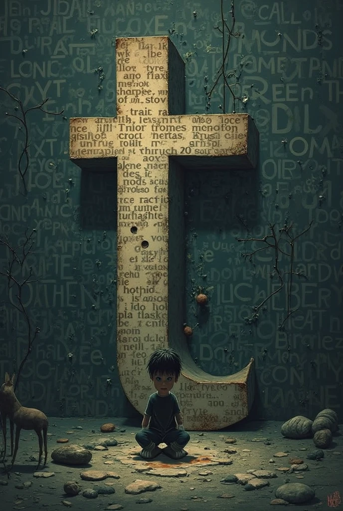 T letter in 3D
and young boy stail look stand the letter ,in dark night