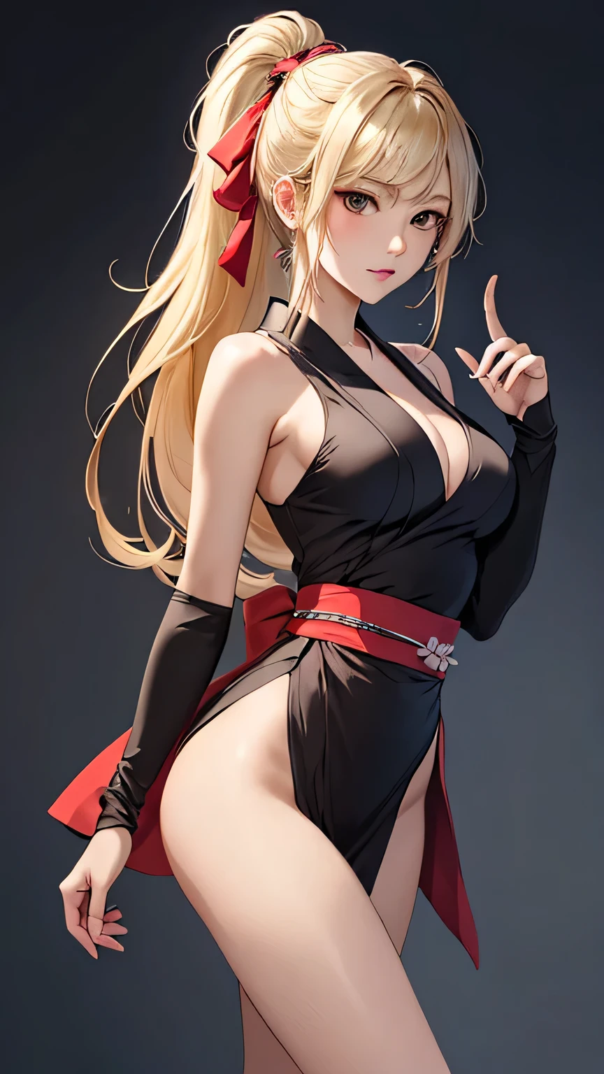 masterpiece, best quality, beautiful art, high resolution, well formed hands, body and fingers, 1 woman, solo, adult, medium breasted, japonesa, Maki Genryusai, long hair , blond_hair, brown eyes, hair ribbon, ponytail, gorgeous legs, fury