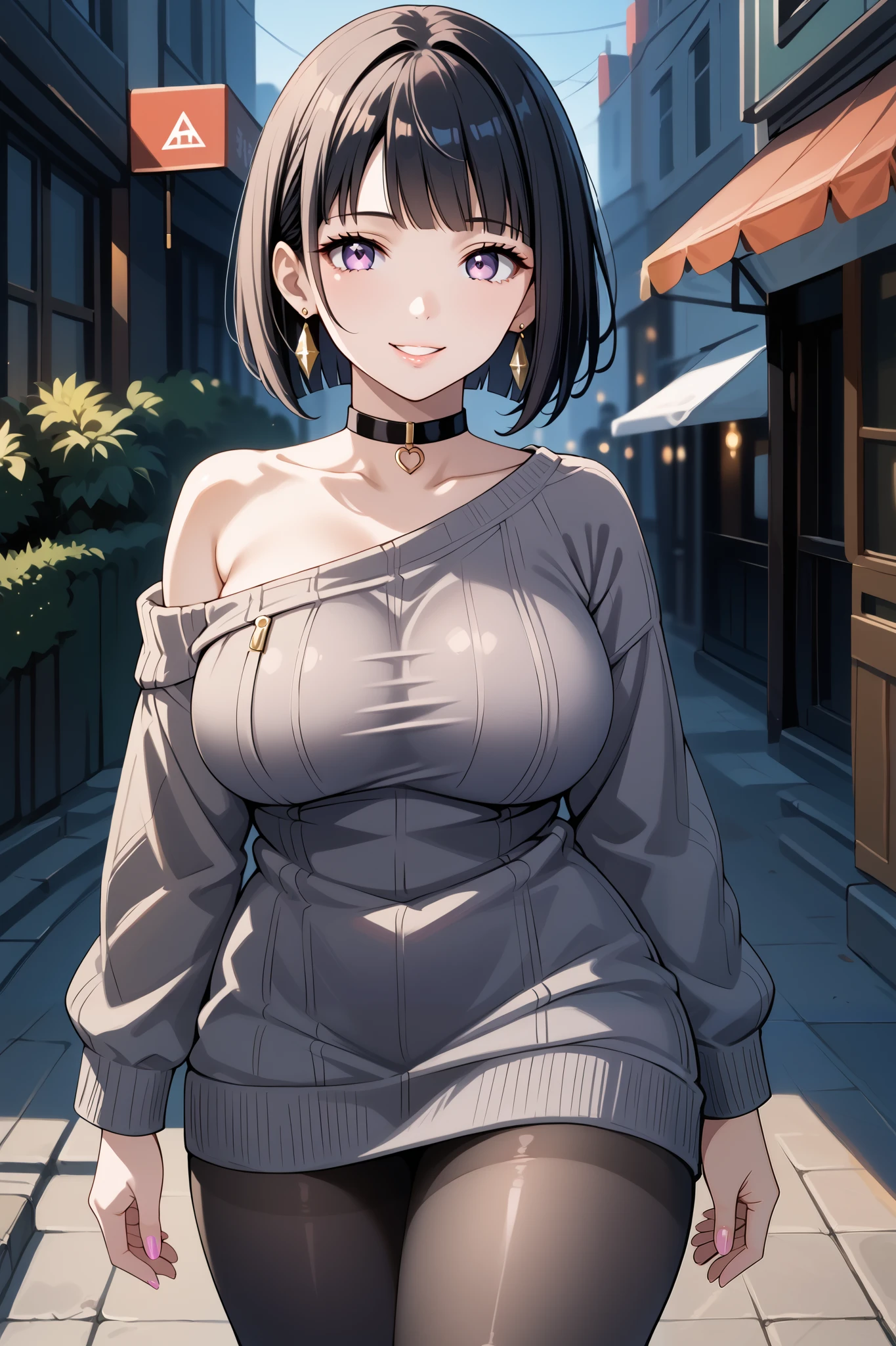 score_9, score_8_up, score_7_up, source_anime, 4K,perfect fingers,(perfect hands, perfect anatomy),prefect lighting, very aesthetic, intricate details,highly detailed background, masterpiece, high quality, best quality,
1girl, hinata_boru, bangs, short hair, black hair, huge breast,dense chest,
wearing ((pantyhose, choker, earrings, jewelry, sweater, collarbone, black_choker, off_shoulder, dress, bare_shoulders, black_pantyhose, )) ,,
gyaru, looking_at_viewer, smile, parted_lips,