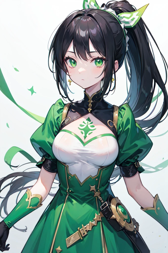 absurd res, high res, (masterpiece:1.4), ultra-detailed, girls, from front, space, floating, dark green Japanese traditional dress mixed with black, dark green + black dress, black stockings, light brown hair, gold eyes, hands out of frame, furry ears, slightly open top, fox ears, medium breasts, boobs, yellow eyes