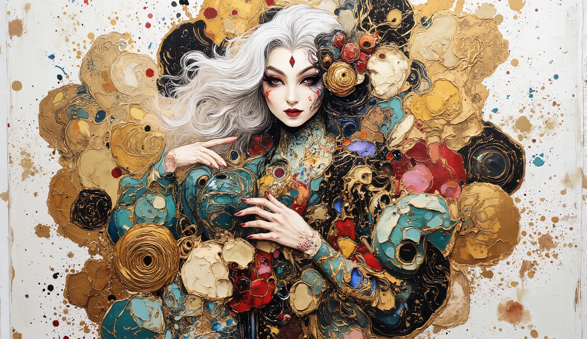 A whimsical fusion of patterns and colors brings to life an imaginative scene, featuring a central figure with flowing white hair and striking makeup, exuding an air of mystery. She is enveloped in a rich tapestry of bold geometric designs and organic motifs, intertwined with abstract forms . The background, rendered in white and gold tones with a textured pattern, supports the foreground's intricate details, while the visual balance is accentuated by elongated limbs and playful, exaggerated features. This artwork blends elements of surrealism and modern illustration, inviting viewers into a dreamlike narrative filled with expressive energy and captivating visual storytelling.