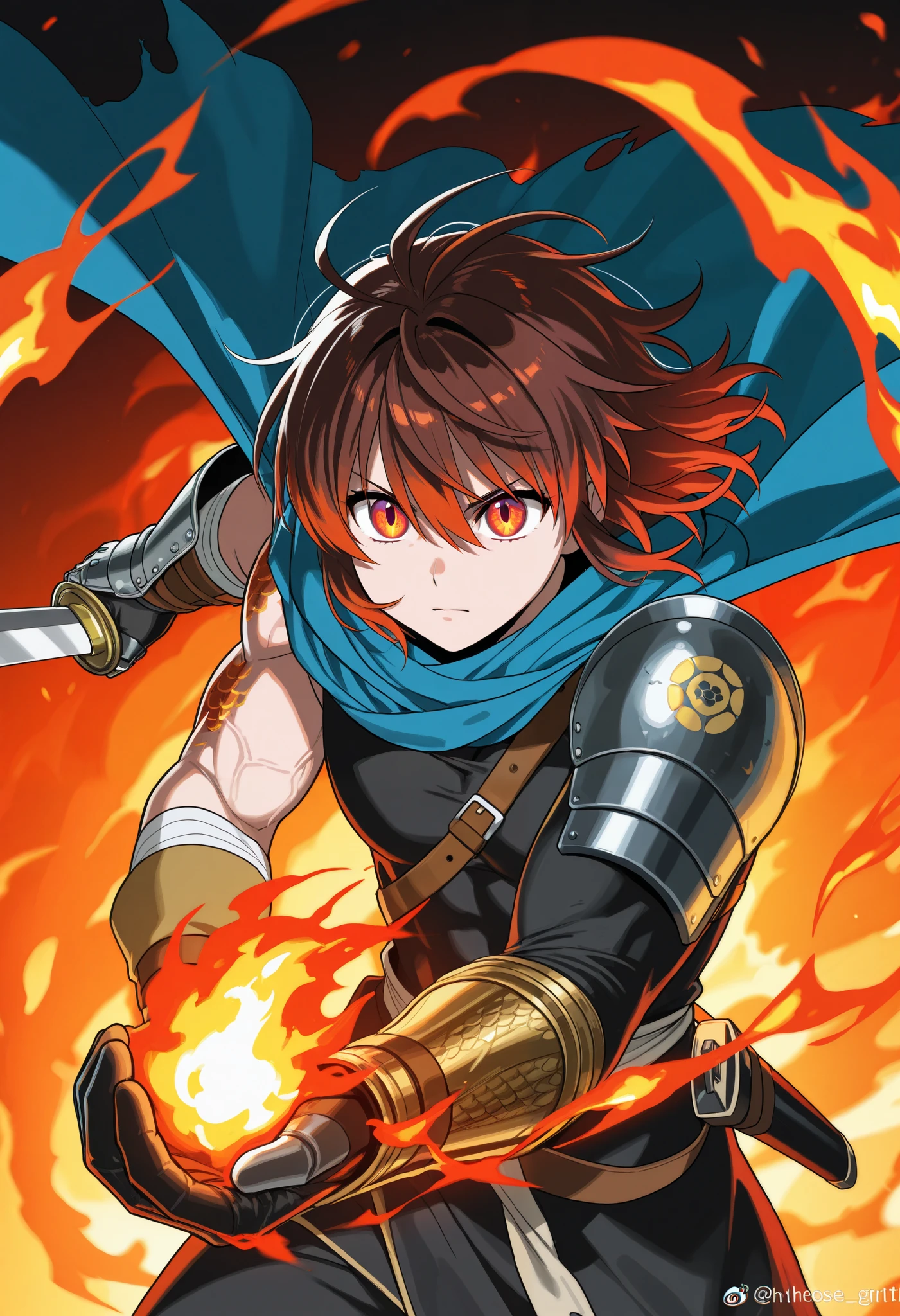 His hair is brown with reddish reflections at the tips, , which highlights his connection with fire. His eyes have a determined look, and his iris of blue dragon shines brightly, reflecting an ancient power.. His outfit consists of tight black clothing, reinforced with leather straps and buckles, , suggesting a tactical and agile style. He wears a torn and worn cape, with a dark inner lining and earth-brown details, , which gives him an air of an experienced traveler.his right arm is covered by a glove with a dragon pattern, whose scales seem to come to life with the glow of the fire he controls. His left forearm, ON THE OTHER HAND , is reinforced with a metal gauntlet with spikes, which indicates his dexterity in close combat. In his right hand, the flames dance with fury, reflecting his mastery of fire and the intensity of his warrior spirit.