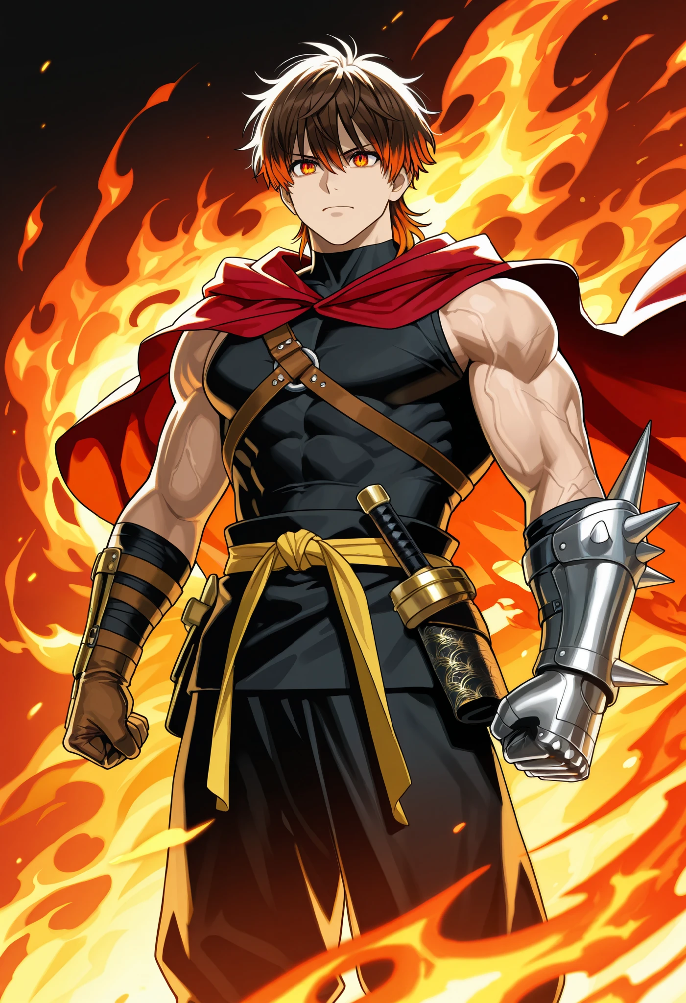 His hair is brown with reddish reflections at the tips, , which highlights his connection with fire. His eyes have a determined look, and his iris of blue dragon shines brightly, reflecting an ancient power.. His outfit consists of tight black clothing, reinforced with leather straps and buckles, , suggesting a tactical and agile style. He wears a torn and worn cape, with a dark inner lining and earth-brown details, , which gives him an air of an experienced traveler.his right arm is covered by a glove with a dragon pattern, whose scales seem to come to life with the glow of the fire he controls. His left forearm, ON THE OTHER HAND , is reinforced with a metal gauntlet with spikes, which indicates his dexterity in close combat. In his right hand, the flames dance with fury, reflecting his mastery of fire and the intensity of his warrior spirit.