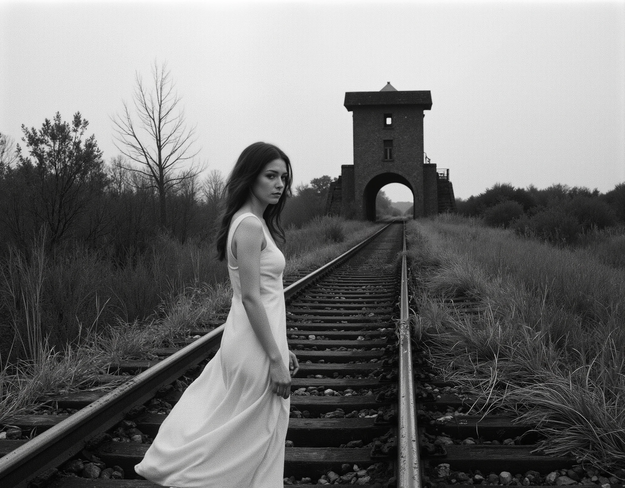 Cinematic photography, eye-level view of an abandoned railway leading towards a historic brick structure with a central watchtower, haunting and solemn atmosphere, rusty train tracks, overgrown with dry grass, emphasizing depth and perspective, overcast sky, muted cold light, black and white (grayscale), melancholic and timeless tone, young woman in white flowing dress near tracks, solemn expression, hair gently tousled by wind, soft film grain effect, high contrast black-and-white, deep depth of field --ar 16:9 --s 500 --v 6 --stylize 750