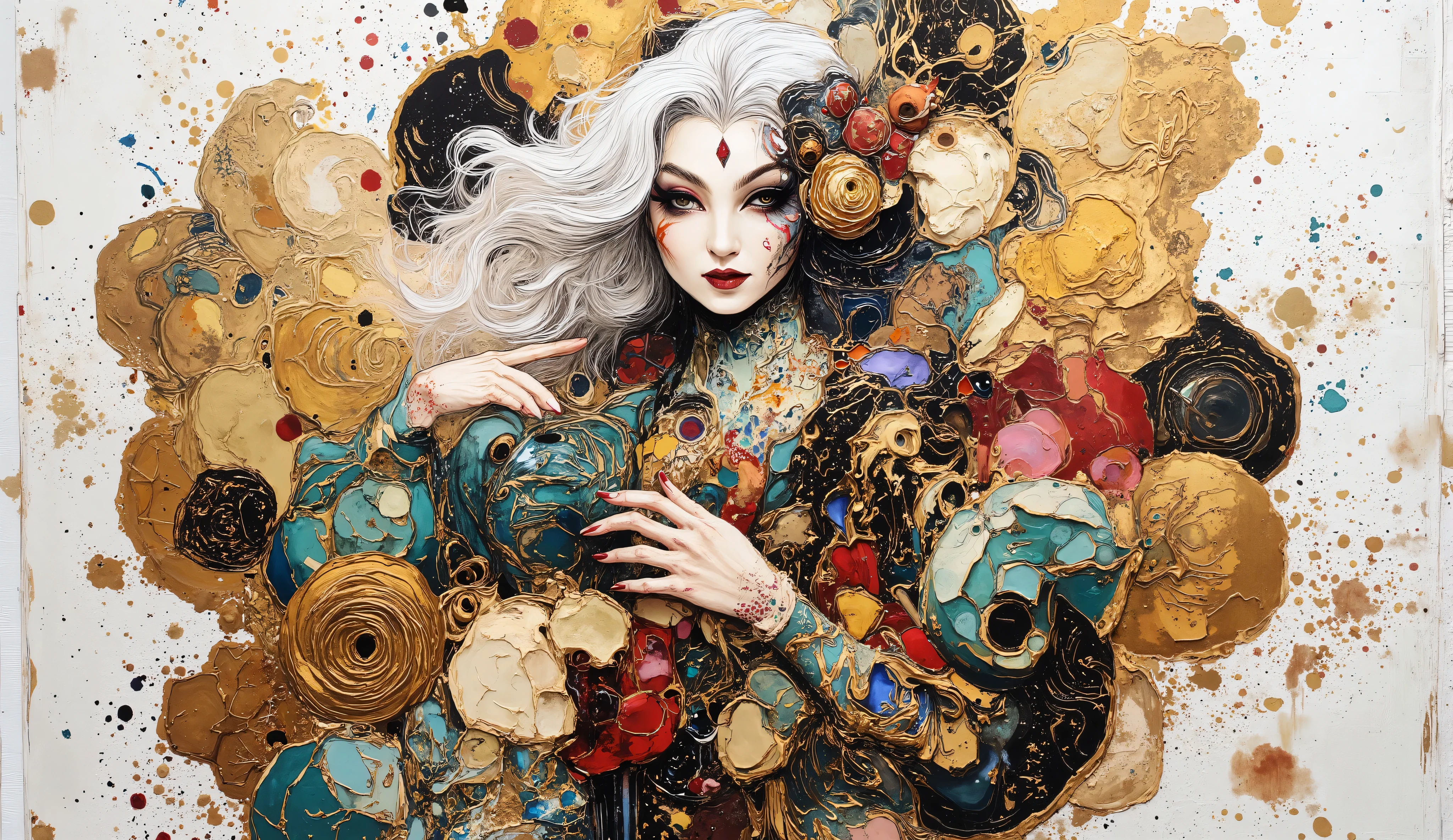 A whimsical fusion of patterns and colors brings to life an imaginative scene, featuring a central figure with flowing white hair and striking makeup, exuding an air of mystery. She is enveloped in a rich tapestry of bold geometric designs and organic motifs, intertwined with abstract forms . The background, rendered in white and gold tones with a textured pattern, supports the foreground's intricate details, while the visual balance is accentuated by elongated limbs and playful, exaggerated features. This artwork blends elements of surrealism and modern illustration, inviting viewers into a dreamlike narrative filled with expressive energy and captivating visual storytelling.