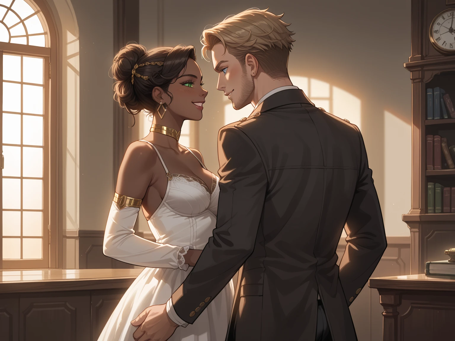 A bright room, un tall man rubio y una mujer de piel morena, They are in a room together, close to each other , looking at each other,the boy is holding the hands of the woman, viendola con una friendly smile .
a man, Kelsier (Mistborn), tall man,light blond, slightly wavy and disheveled,bright blue eyes, attractive face, 35 years, with marked features, A constant smile , friendly smile ,tanned skin,dark coat, long coat,gray shirt, leather vest , dark pants , friendly smile ,Standing in front of a dark-skinned woman.
masterpiece, beautiful, Detailed, 4k, High definition, Perfect lighting, Better quality, score_9, score_8_arriba, score_7_arriba, score_6_arriba, source _cartoon, drawing, hard lines, 2d art, Detailed face, very detailed, MelMedarda , dark skin, green eyes , woman with dark skin, gold jewelry, choker, make up, hair bun, earrings, white dress, neckline, mature woman, Body, medium breasts, postura sexy, presumed, Standing, steampunk, indoors, from behind