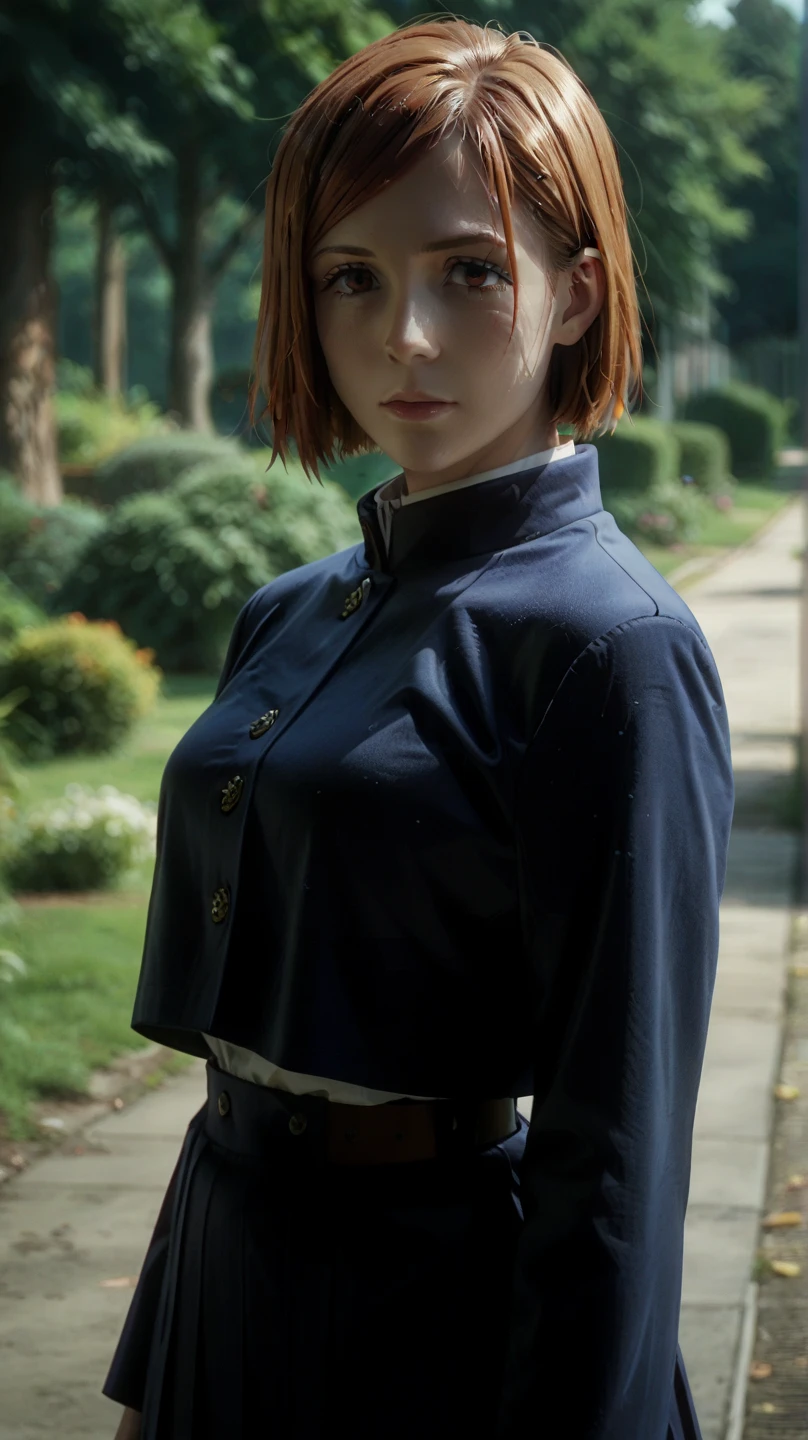 nobara_VLS、Brown hair、short hair、Brown eyes、Overall、(Wrinkles between the eyebrows)、Hands on the hips、Bloody、Invincible smile、Bloody、VLS、3d、Three-dimensional、