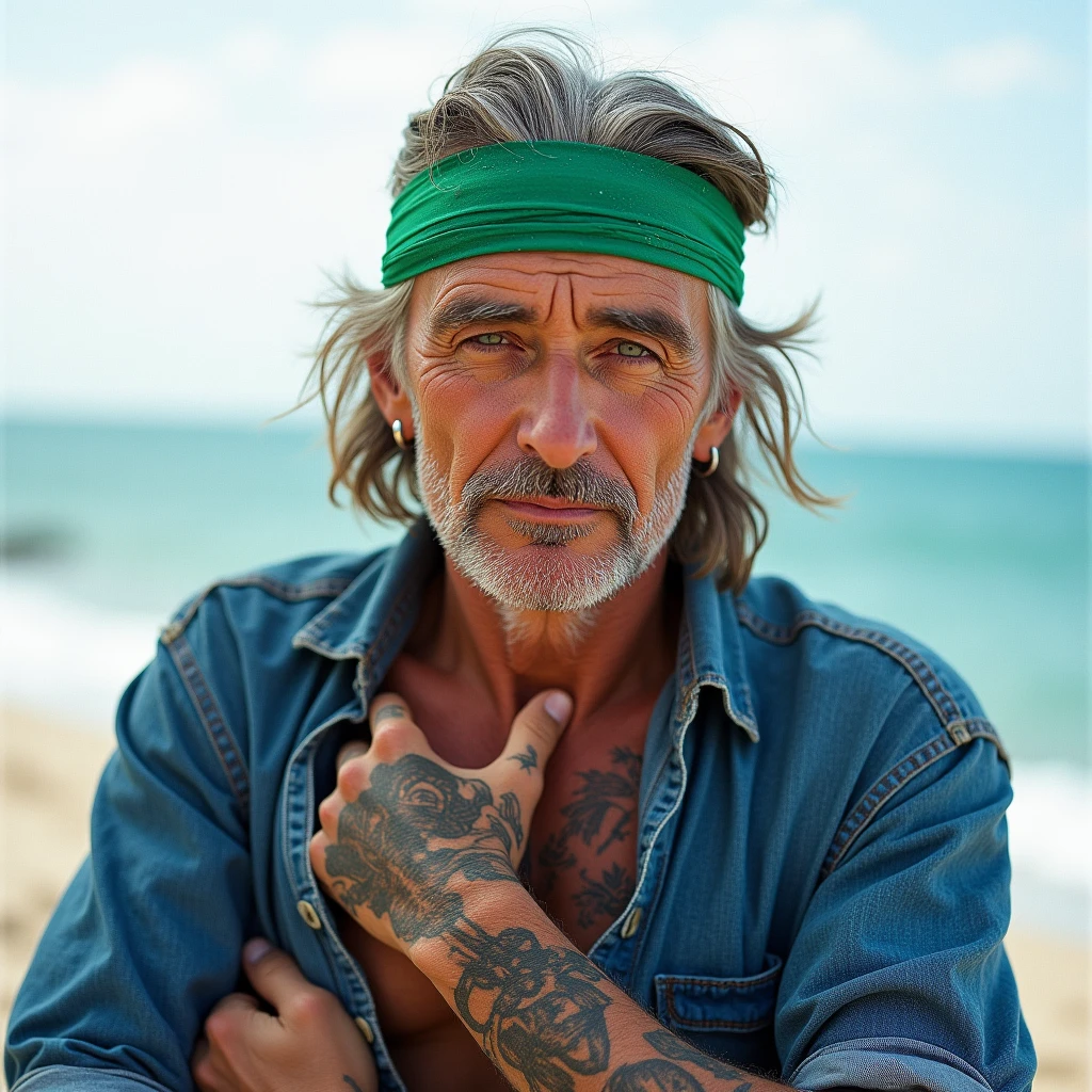 A captivating portrait of a wise and weathered old sailor, adorned with nautical tattoos and a rugged expression that tells tales of countless voyages.