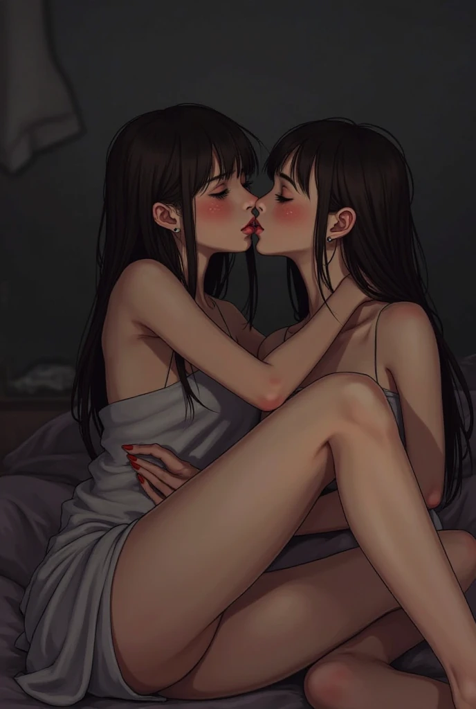 (8K, Raw photo, Highest quality, masterpiece:1.2,Perfect Anatomy),(fisheye lens),(nsfw:1.5), (kiss:1.4),(((gleaming tongue))), Lots of drooling,closed eyes,(2 girls:1.5),Private room,Natural light,((())),(((lying on bed:1.3))),((flat chest)),thick nipples,light crimson nipples,Shapely nipples,Beautiful nipples,Shiny nipples,standard weight, Small Butt,Black Hair,Semi-long hair,Completely naked, sweat:1.2,(((Close-up from below))),cowboy shot,Flushed expression,Perfect vagina,Perfect anus,steam,pussy juice, brown eyes, (((grab breasts))),hug,masturbation