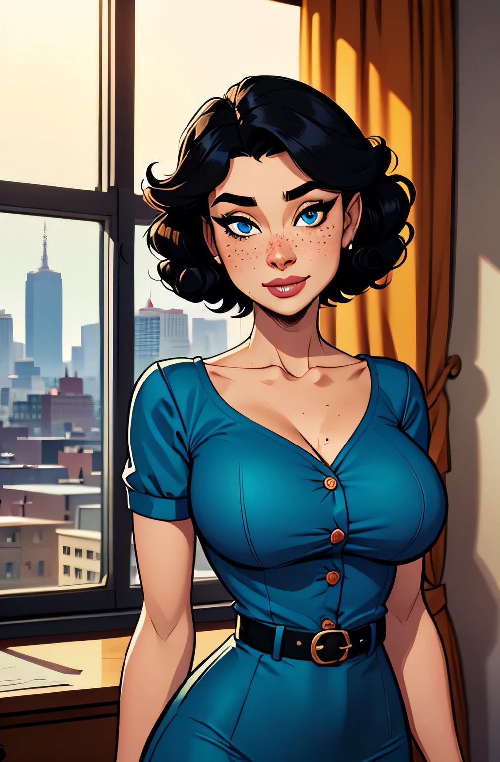 Thin woman, age 25, 4K (High definition), mysterious smile, seducing gaze, eyes browns, wearing a dark blue dress with a boat neck (with buttons) and short sleeves, arms positioned at the side of the body, Caucasian skin, straight black hair down to shoulder length, standing (upper body), full of curves with freckles across her chest and neck, natural round breasts. Marvel style high quality, white background.