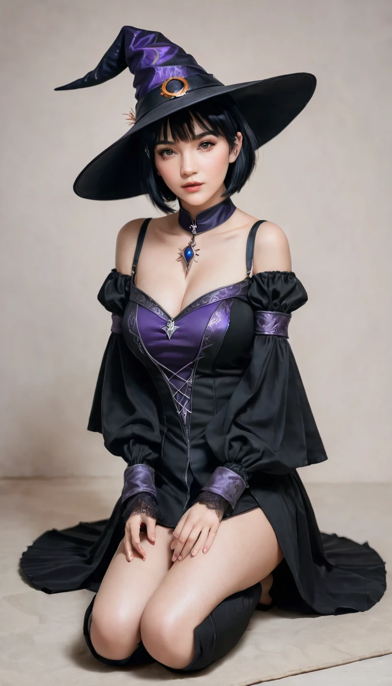 (A revealing purple witch cosplay:1.4、Witch Hat、Witch's wand、Witch's Short Skirt、Witch Boots、Witch sitting by the window:1.4、Cosplay with jeweled decorations)、Embarrassed expression、Worried brow、Braiding, Thighs、Camel Toe、knees、Big nipples、Chest to chest, choker、Beautiful eyes、Gorgeous earrings、Beautiful woman with perfect figure、Slim Abs、Thick black hair, (Big boobs bigger than your head:1.4), Highly detailed face and skin texture, double eyelid, Exposed breasts, (Fishnet tights)、((Starry night sky:1.4))、(Night Sky、Starry Sky、Crescent Moon、Night Skyの背景:1.4)、(Showing the viewer her thong panties:1.4)
