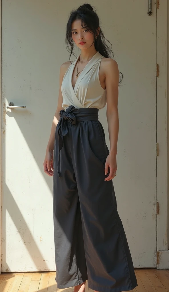 A sexy beautiful girl attraction big breast long black hair her green eye gray sleeveless kimono shows chest shows navel and a dark blue pants black heel
