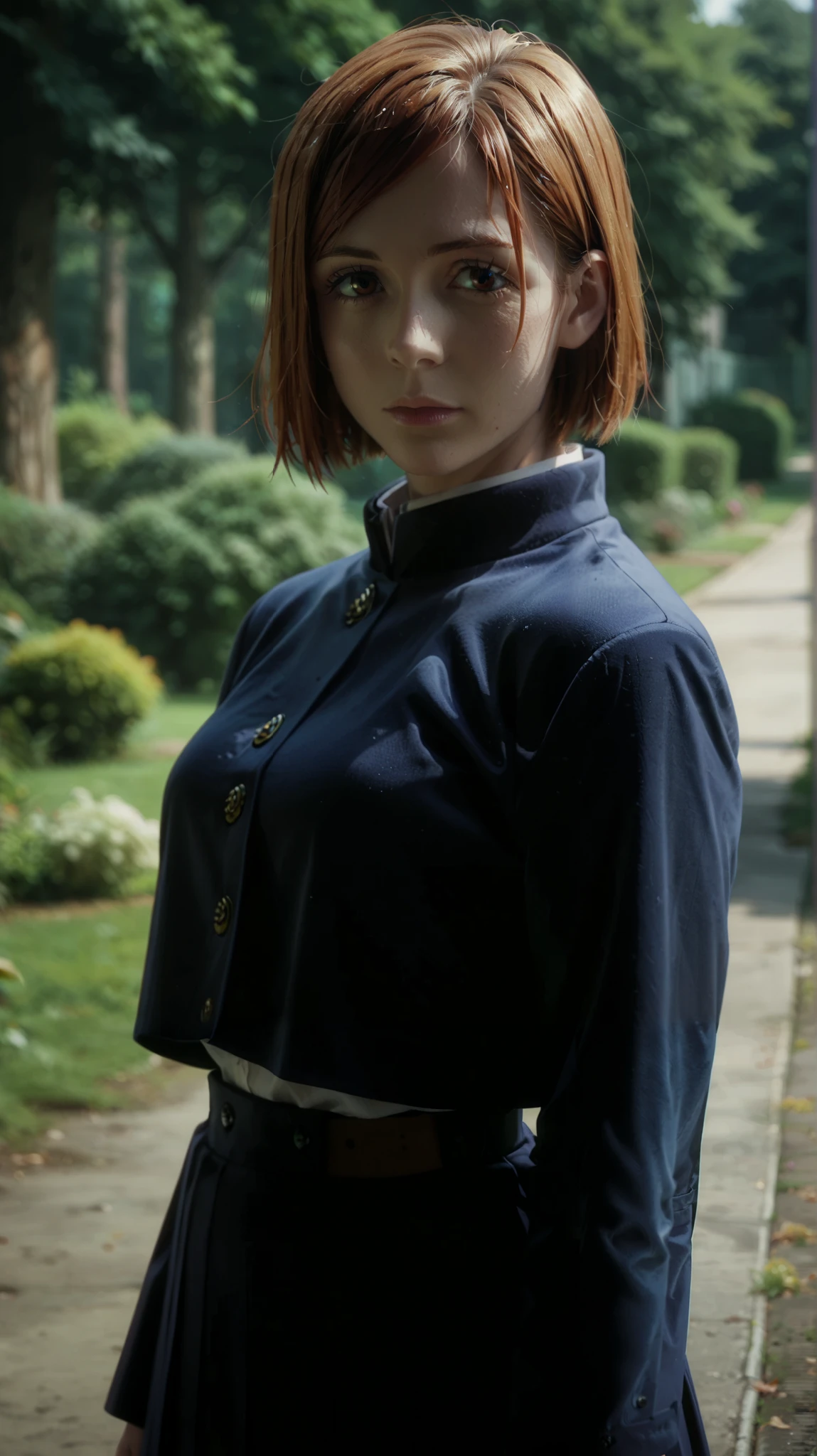 nabara kugisaki,anime screencap,1girl,solo,mature,short hair,school uniform,jacket,looking at viewer,outdoors