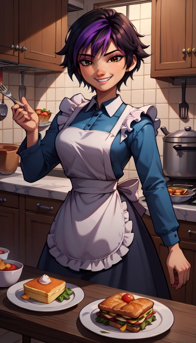 mature anime woman wearing an apron