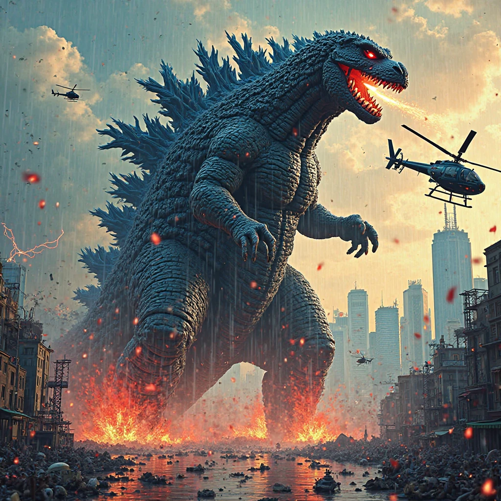 Godzilla, aesthetic, (best quality,ultra-detailed,photo-realistic:1.37),Godzilla,city destruction,fire-breathing monster,giant creature,dramatic lighting,breathtaking scale,Tokyo cityscape,roaring,destructive rampage,crumbling skyscrapers,terrified crowds,helicopters flying,scorching flames,chaotic scene,dark clouds,fear and chaos,monster emerging from the sea,dense smoke,rumbling footsteps,devastation,city in ruins,evacuation,heroic resistance,desperate fight,explosions,plumes of dust,streets in chaos,thick fog,emergency sirens,ruined infrastructure,dark atmosphere,rebuilding,post-apocalyptic landscape