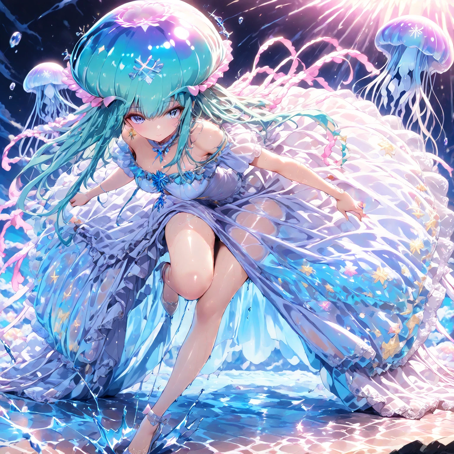 cute girl yeah,big chest,kawaii,(jellyfish girl:1.2), arms behind back,underwater,frilled dress,