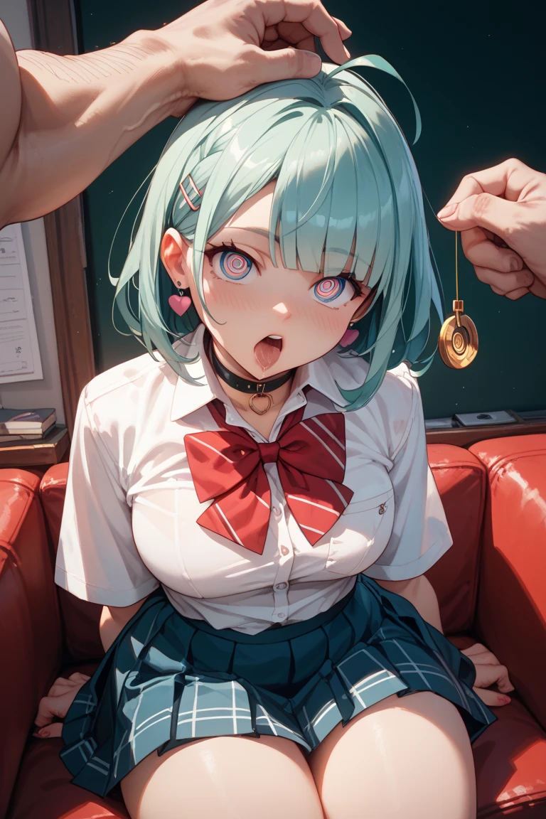 ((masterpiece, best quality)), high resolution,ultra detailed,8k,16k,detailed background, perfect lighting,detailed beautiful eyes, 1girl,nsfw,embarrassed,blush,show off breast,steam,sweat,look at viewer,(deep fellatio,hetero:1.4),(deepthroat:1.3),:>=,penis in mouth,oralsex,face focus,(from above,from front:1.2),(pov:1.4),provocative eyes,1boy,1penis,hetero,fisheye lens,tear,,slender,short stature,slender,pale skin,small breast,faruzan,light green hair,long twintail,hair ornament,dress,library,