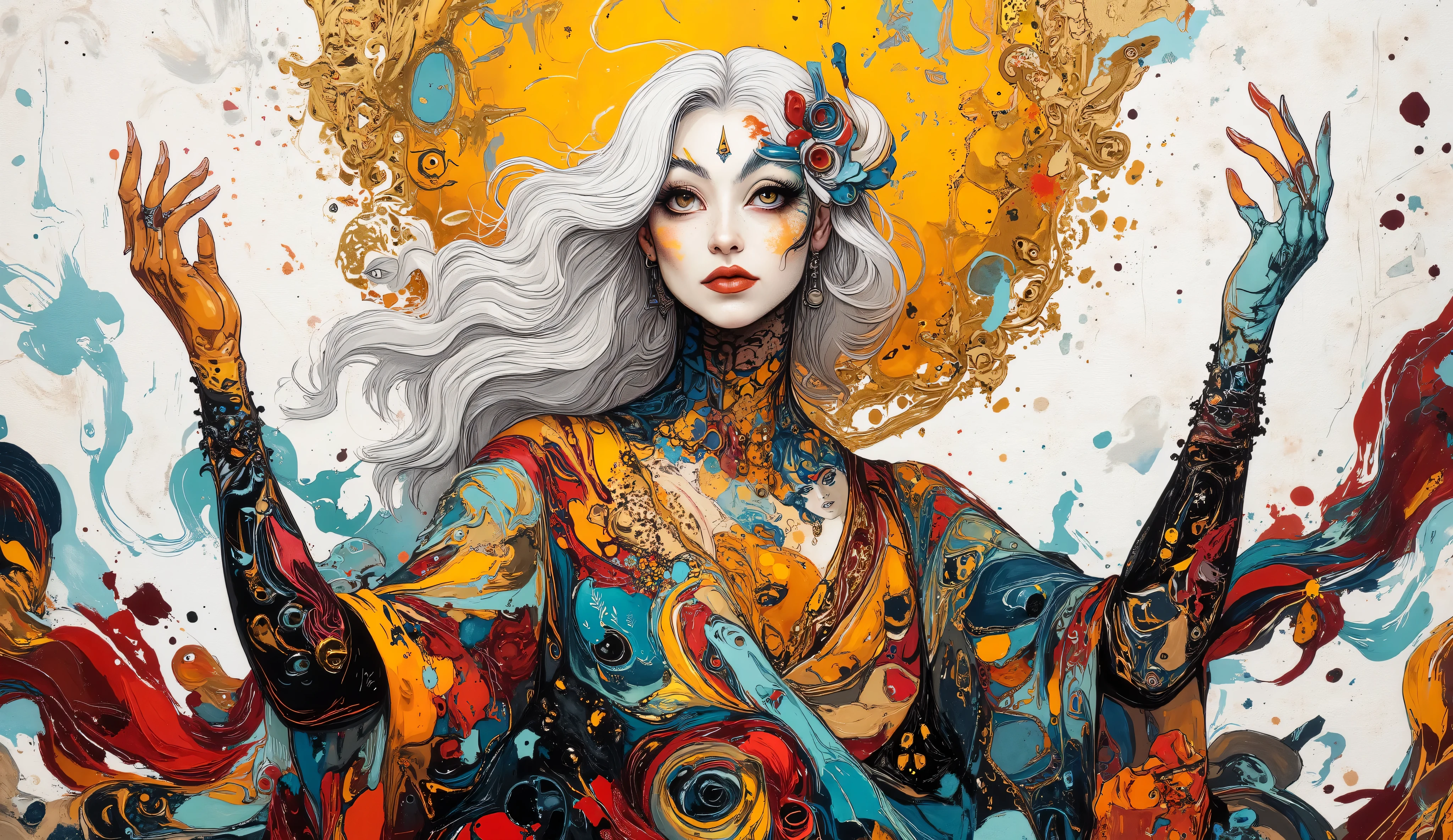 A whimsical fusion of patterns and colors brings to life an imaginative scene, featuring a central figure with flowing white hair and striking makeup, exuding an air of mystery. She is enveloped in a rich tapestry of bold geometric designs and organic motifs, intertwined with abstract forms . The background, rendered in white and gold tones with a textured pattern, supports the foreground's intricate details, while the visual balance is accentuated by elongated limbs and playful, exaggerated features. This artwork blends elements of surrealism and modern illustration, inviting viewers into a dreamlike narrative filled with expressive energy and captivating visual storytelling.