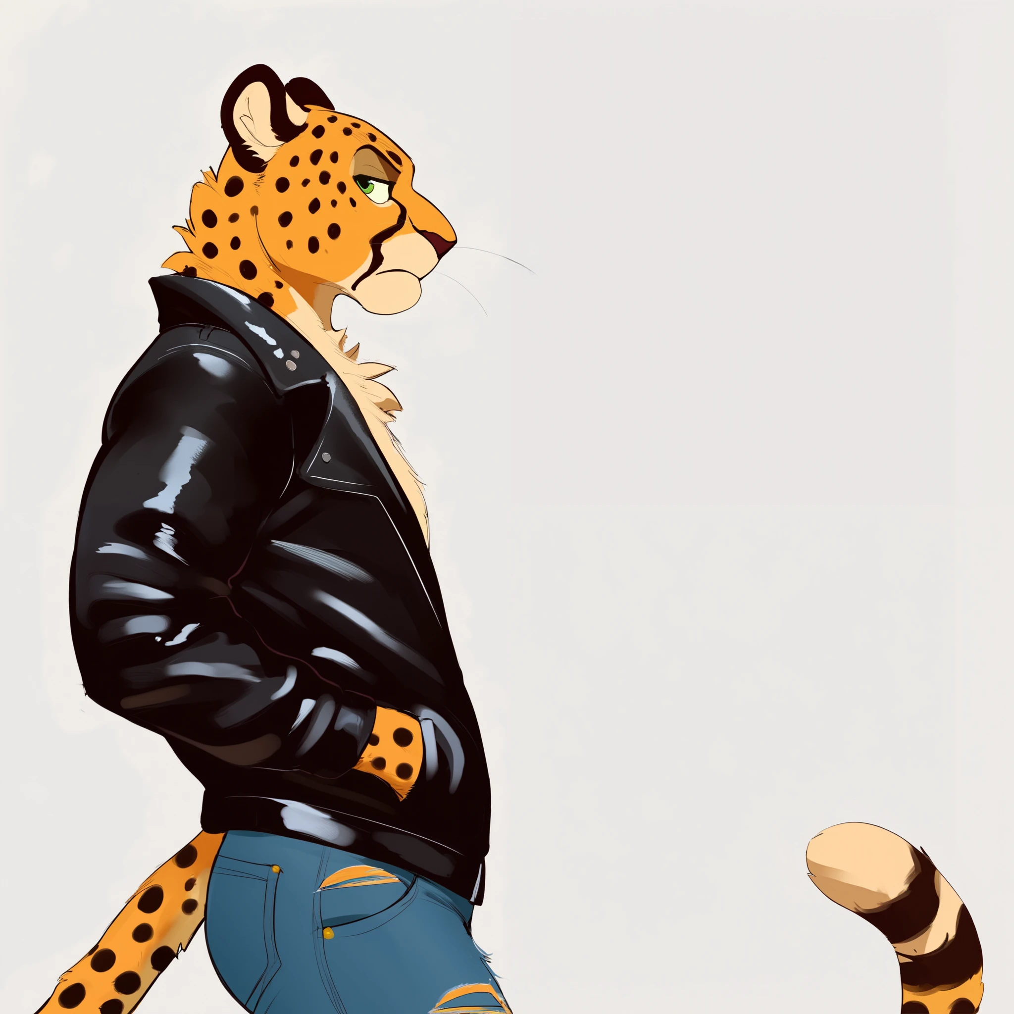 Prompt: [Uploaded to e621.net; (elicitie)], background: white background, score_9, score_8_up, score_7_up, score_6_up, score_5_up, score_4_up, rating safe, source furry, felid, cheetah, yellow fur, mammal, pantherine, anatomically correct, bald, leather jacket, male, anthro, fur, looking at front, serious face, hands in pocket, side view, solo, fluffy body, fluffy fur, facial tuft, cheeck tuft, ripped jeans, DETALIED FACE, GREEN EYES