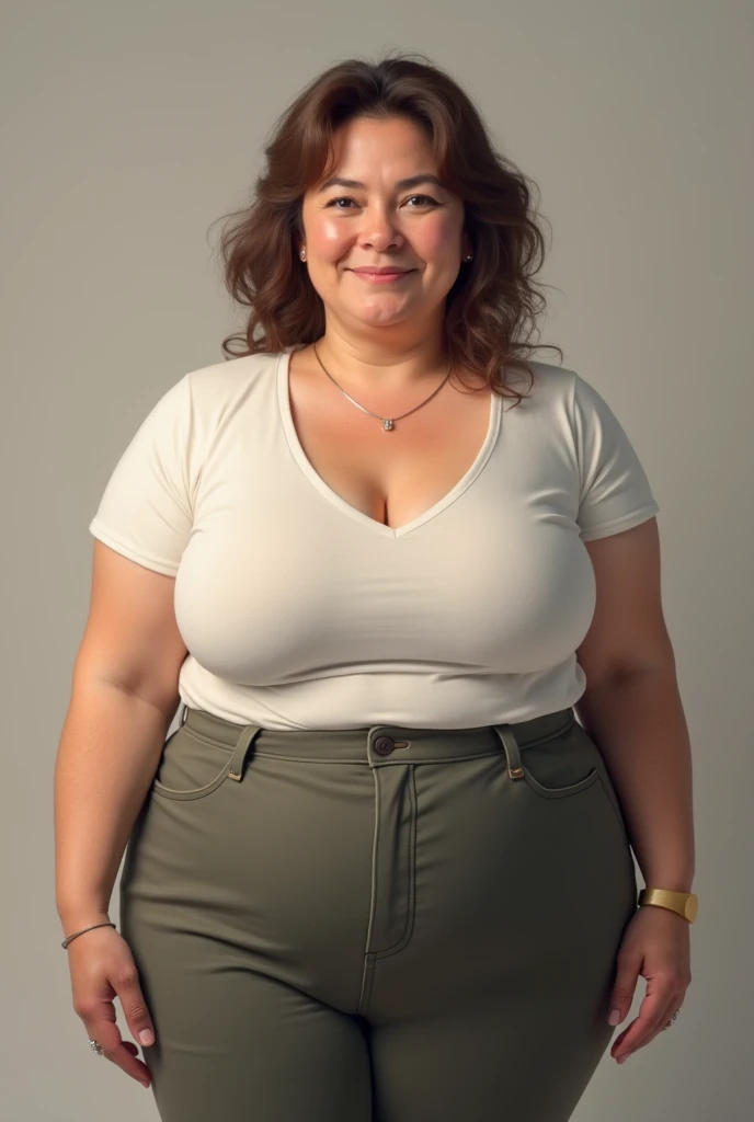 A beautiful and hot almost chubby mature woman with big butt.who is wearing a short and tight shirt with a pair of tight jeans. And standing next to a stone wall in a village. A smiling face.
