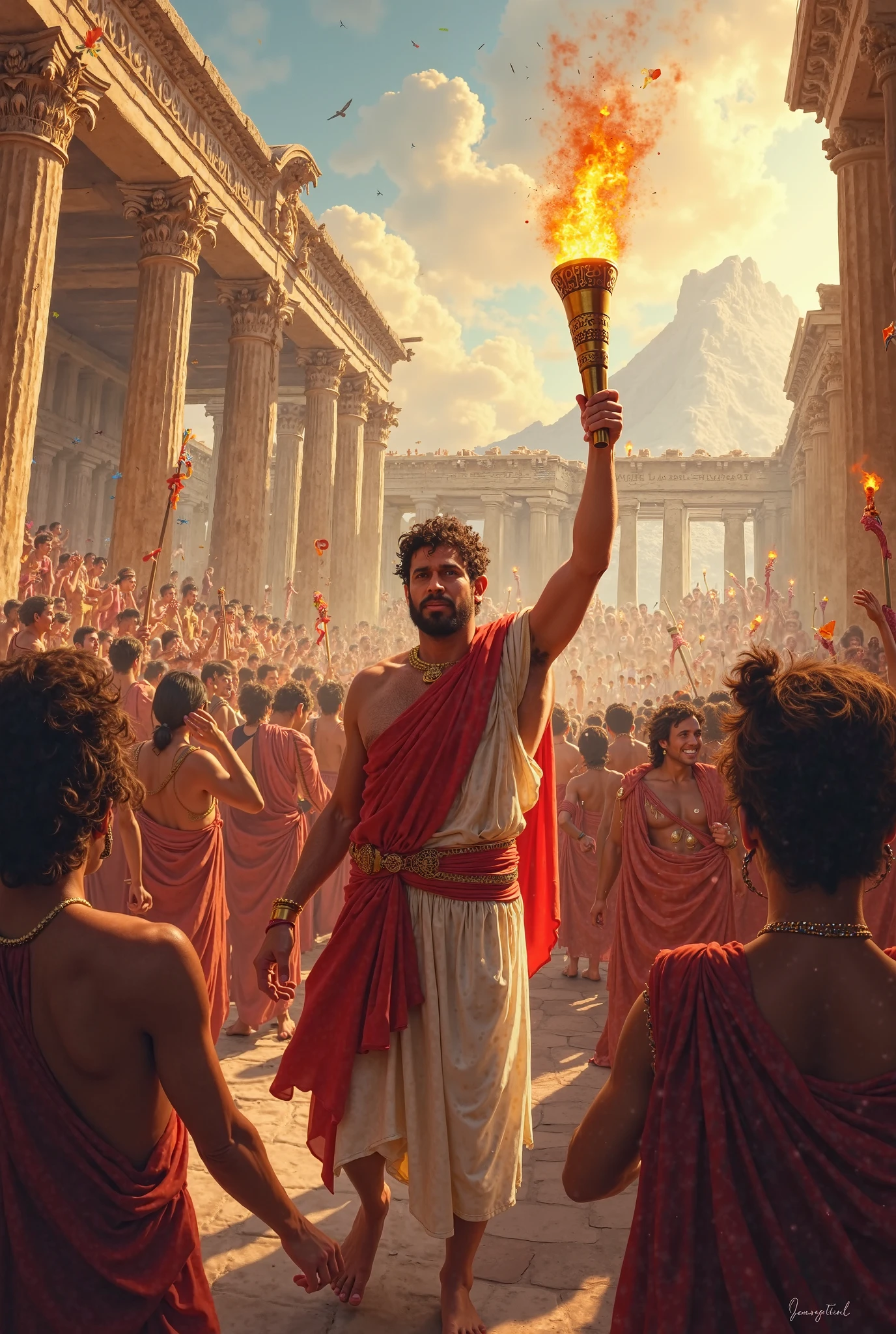 Ancient Greek Art, Passing the Olympic Torch, by Gustave Doré, full body, cinematic still, (best quality, masterpiece, photorealistic), very aesthetic, perfect composition, intricate details, ultra-detailed, vivid colors