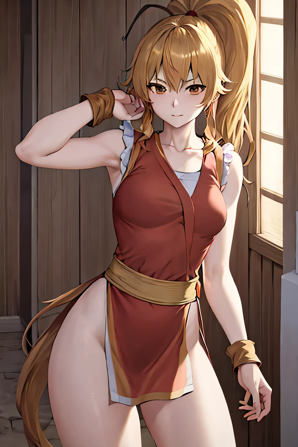 masterpiece, best quality, beautiful art, high resolution, well formed hands, body and fingers, 1 woman, solo, adult, medium breasted, japonesa, Maki Genryusai, long hair , blond_hair, brown eyes, hair ribbon, ponytail, gorgeous legs, fury