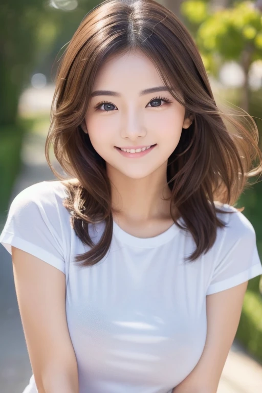 Japanese Girls、the way、((highest quality,masterpiece,超A high resolution)),(Realistic:1.4),1 girl,Head to Knee,Dynamic posture,Adult face,slim,thin、(smile),(Shiny skin),(overview,frontage,Twilight),Gray Hair,Long white hair,Rainbow Eyes,Large Breastini skirt),(Clear Eyes),(Beautiful nose),(Transparent lips),(Fair skin),(Ultra-realistic woven texture)
