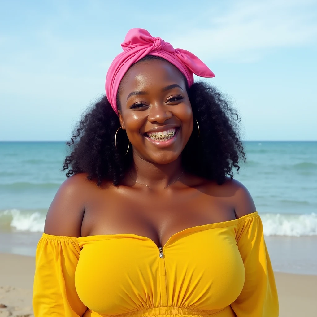 Single lady, dark skinned wearing a pink swim suit with pink fish net coverall, blue earrings, holding sunglasses standing at the beach with ocean background