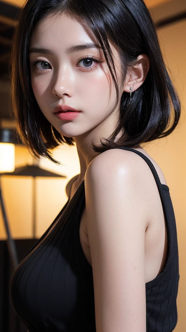 simple background (in women's police uniform and police cap: 1.4), good hand, 4k, high resolution, masterpiece, best quality, head: 1.3, ((Hasselblad photo)), finely detailed skin, clear focus, (cinematic lighting), soft lighting, dynamic angle, [:(detailed face: 1.2):0.2], belly gaze, huge breasts, breasts, (((inside the mansion))),(bare tits:1.4), 1girl, jewelry, earrings, orange_sky, solo, mole, long_hair,   mole_under_eye, upper_body, grey_eyes, looking_at_viewer, black hair, fashion (head tilt: 1.4), plain background, red background,