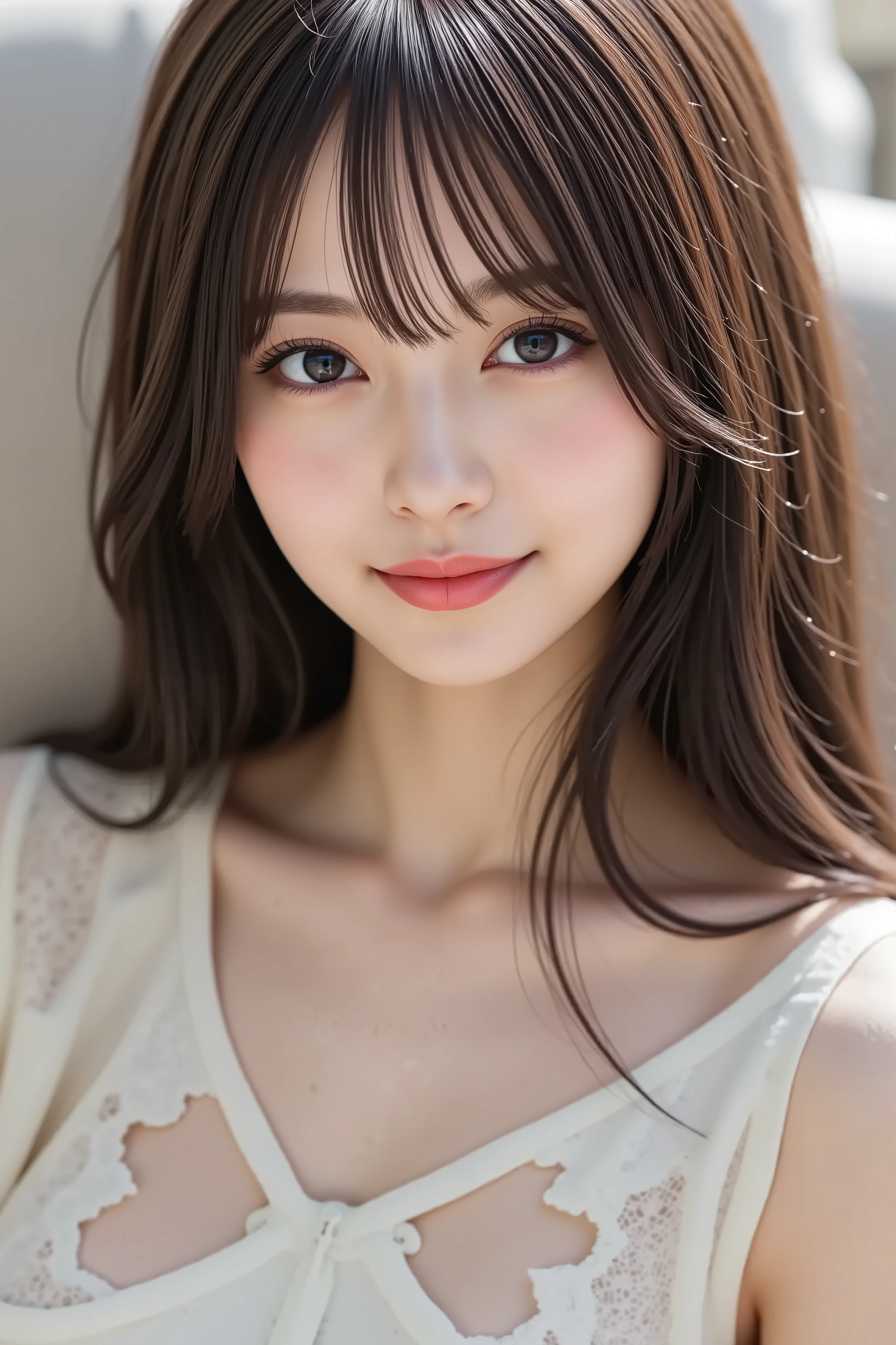 Beautiful white and shining skin、Chestnut hair that changes depending on the light、Long bangs between the eyes that obstruct the view、Cheek gloss highlights、Sexy and very beautiful nice gorgeous face、the most beautiful face in the world、short bob、Smooth straight hair、medium breasts、beautiful breasts、cleavage、Big and bright eyes、beautiful bangs、Beautiful and beautiful woman、small face beauty、golden ratio、natural smile、
