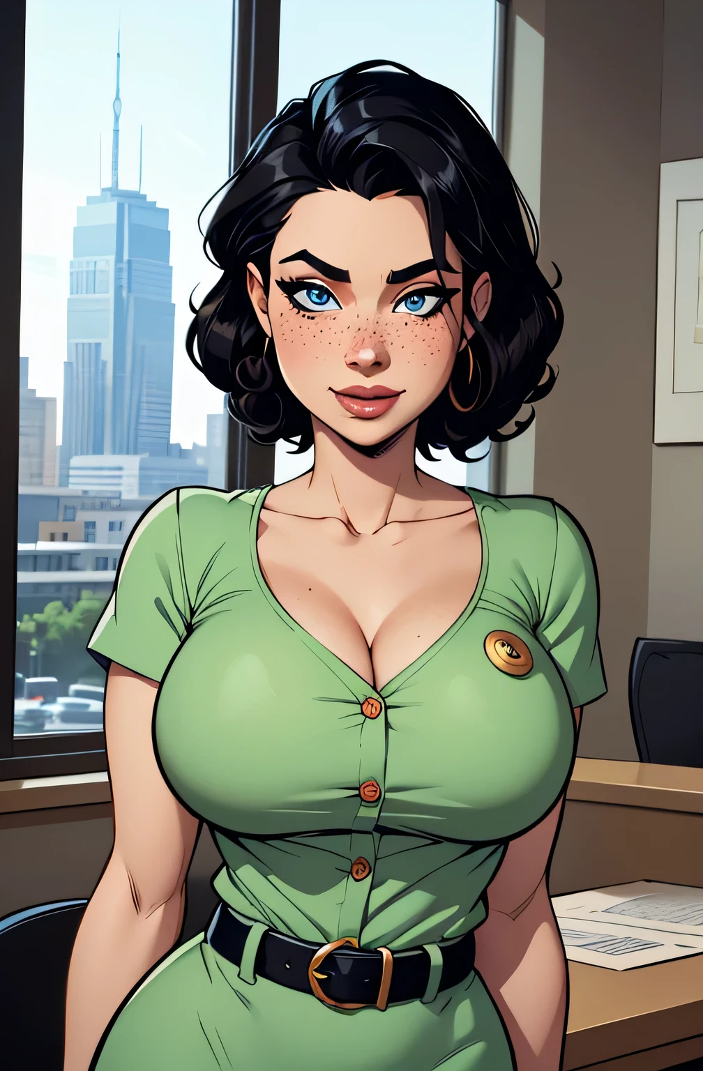 Extremely busty brunette secretary, college girl, fair skin, green eyes, loose updo, (((large nose))), soft face, athletic, huge , warmly lit office, windows, blue skies