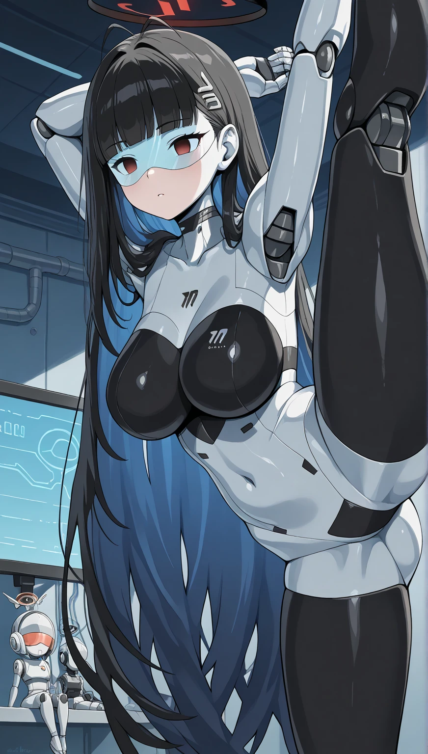Best Quality, 8k, High resolution, high quality, masterpiece, Beautiful, (Anatomically correct:1.2), A beautiful woman, 20th Generation, Silky gray hair, Straight Long, long bangs that hide one eye, Red eyes, Beautiful Skin, Tall and toned body, pointy big breasts, Extreme Micro Bikini, Short hot pants, valley, indoor, sexy, night,