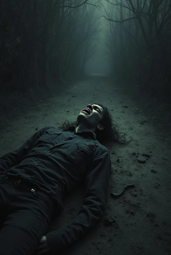 Create a dark and somber image where the character suffers from a fractured neck bone (hyoid), broken pelvis, and severe lip injury. The eyes are damaged, with blood visibly spilling from them. Additional injuries include trauma to the belly, left leg, and a broken ring finger. The body shows black marks and bleeding from private parts.
