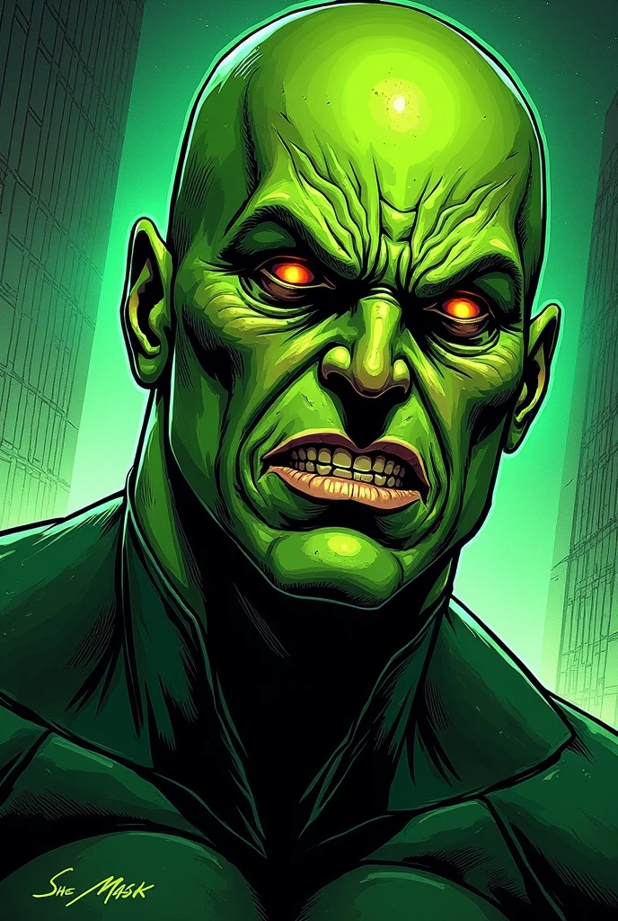 One giant male, very scary, green skin, getting up to look, standing at the door with golden light.