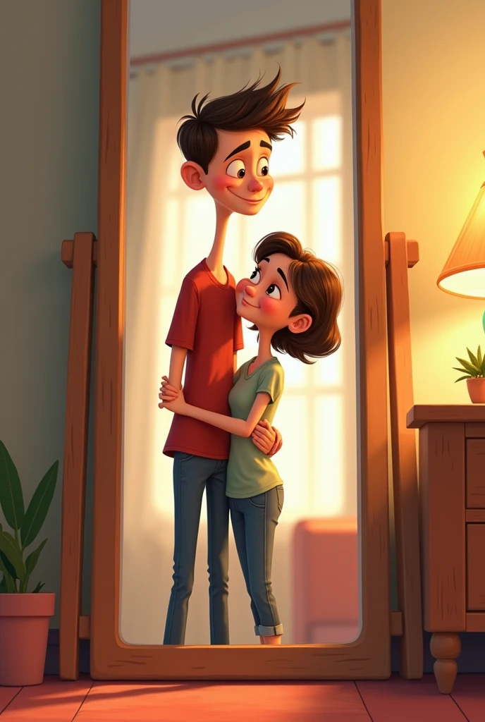 a disney pixar AI poster of a tall son and a small mother in a mirror selfie