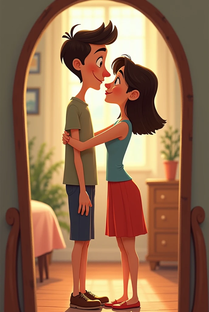 A picture of a couple having their first kiss in a room under construction he is a little taller than her together with his black hair he with a yellow shirt and she with a short pink shirt It was the darkness he was leaning against the wall make them animated