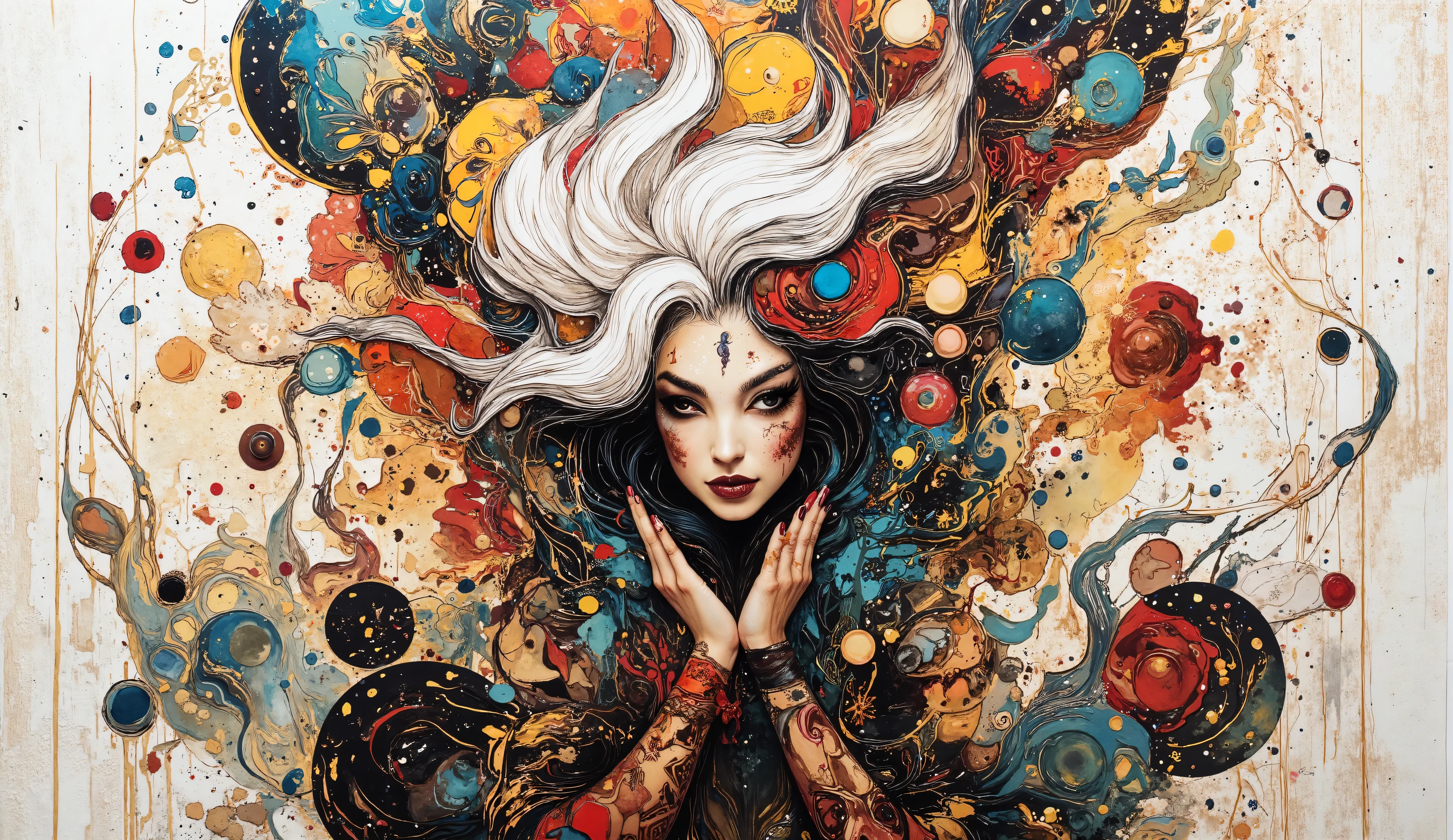 A whimsical fusion of patterns and colors brings to life an imaginative scene, featuring a central figure with flowing white hair and striking makeup, exuding an air of mystery. She is enveloped in a rich tapestry of bold geometric designs and organic motifs, intertwined with abstract forms . The background, rendered in white and gold tones with a textured pattern, supports the foreground's intricate details, while the visual balance is accentuated by elongated limbs and playful, exaggerated features. This artwork blends elements of surrealism and modern illustration, inviting viewers into a dreamlike narrative filled with expressive energy and captivating visual storytelling.