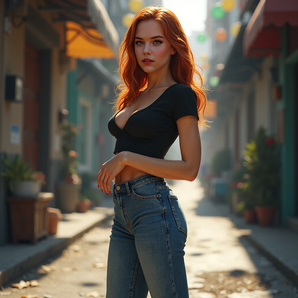1 girl, high resolution, long deep red hair, big breasts, perfect body in white shirt and short jeans in the city, air above head, proffesional photo, Instagram model