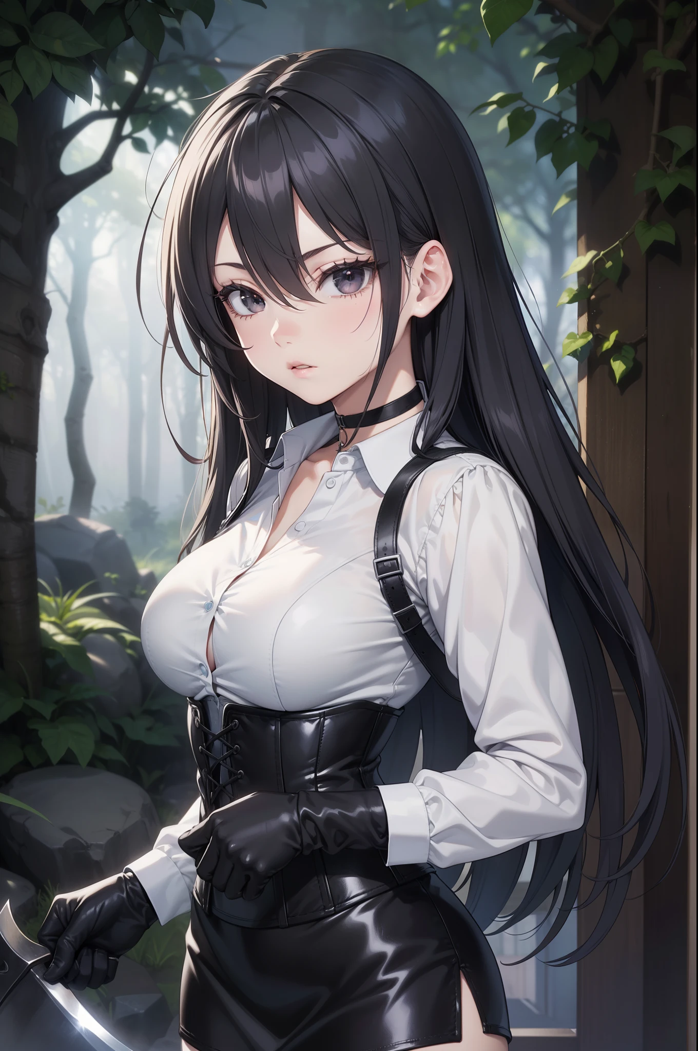 masterpiece, beautiful art, professional artist, 8K, sciamano240, very detailed face, detailed clothing, Detailed fabric, ung girl, perfectly drawn body , Fighting pose, beautiful face, (long hair), black eyes, very detailed eyes, rosy cheeks, serious expression, detailed lips, choker:1.6, (long sleeve buttoned white collar shirt), black gloves, gloves that cover my hands , (holding an axe in his right hand), (black leather corset), (black miniskirt), sensual lips , late de invierno, show details in the eyes , seen from the front, looking at the spectator, Dark path, dark forest, late, atmosphere , fog