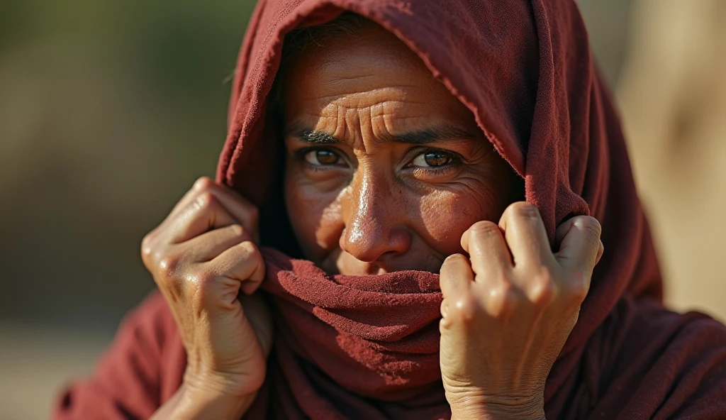 Bangladeshi woman. Sad face. Crying. Hills background. Tape on mouth