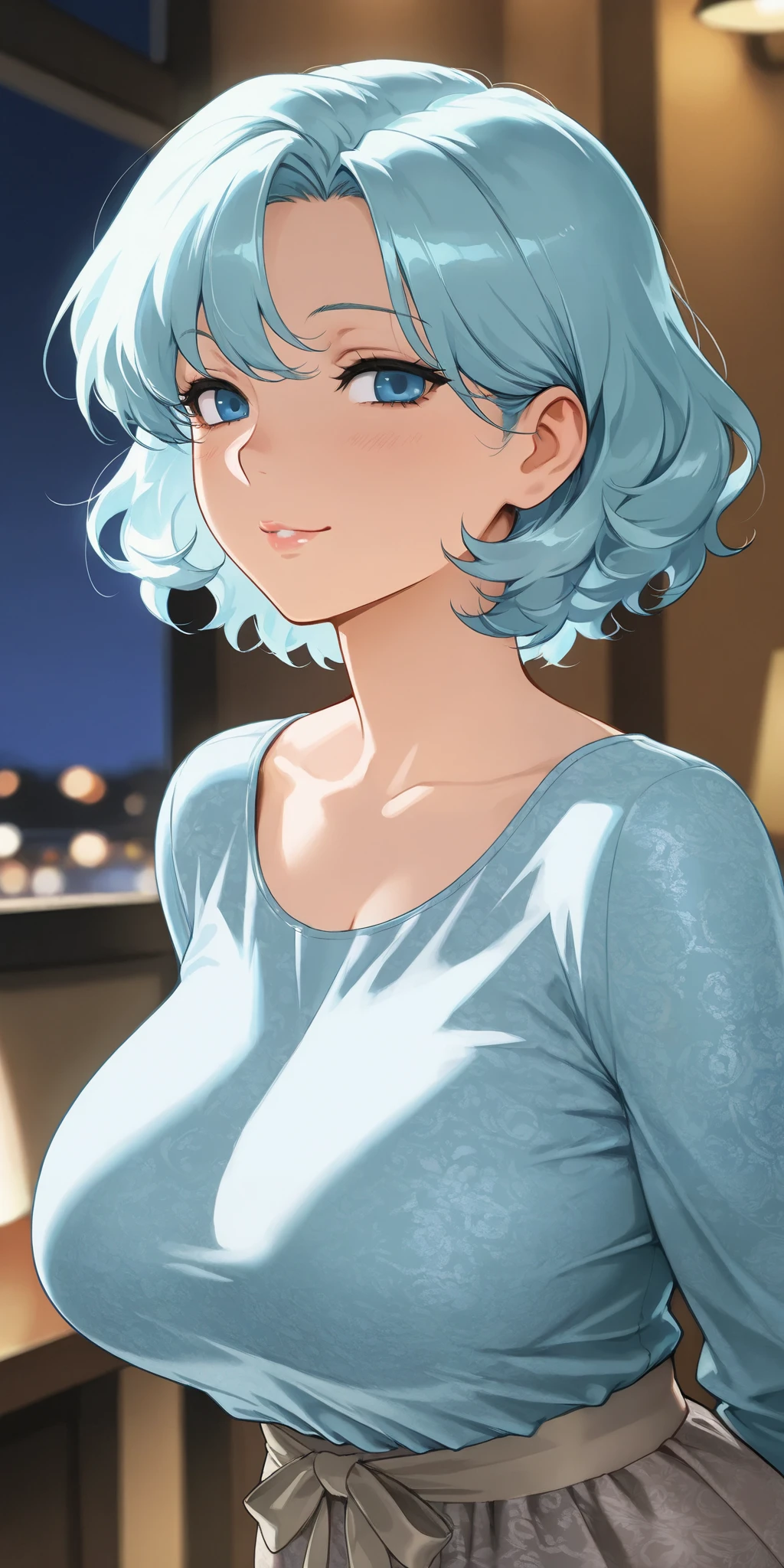 mature woman, housewife, blue hair, blue eye,Short Hair, slightly wavy hair, casual wear, soft light, Night in the moonlight , the best quality , bitch, prostitute, whore, light blue tshirt tops covered, printed pattern using costume in different design and royal looks.