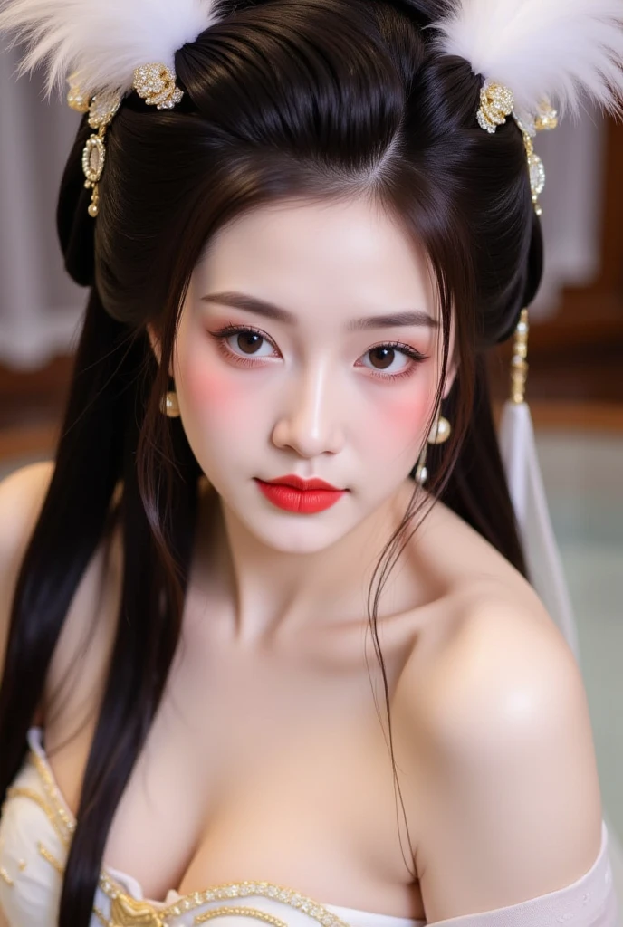 1 beautiful girl, long black hair, black eyes, Ancient Chinese style bun, wearing a thin silk shirt of ancient China, appears shoulders and head in the photo, plump red lips, pout, mouth shut, embarrassed, small face makeup detailed and very beautifull, breast augmentation, ((big blum boobs:1.2)), cover part of a girl's breasts with transparent silk cloth, ((show breast, prominent nipples)), blush, from front, wear earrings, necklaces, from above, looking at viewer, upturned eyes, masterpiece, top quality, best quality, official art, unity 8k wallpaper, highres, ultra-high res, ultra-detailed, (photorealistic:1.2), alone, solo, Only 1 girl, style hanfu Dunhuang,