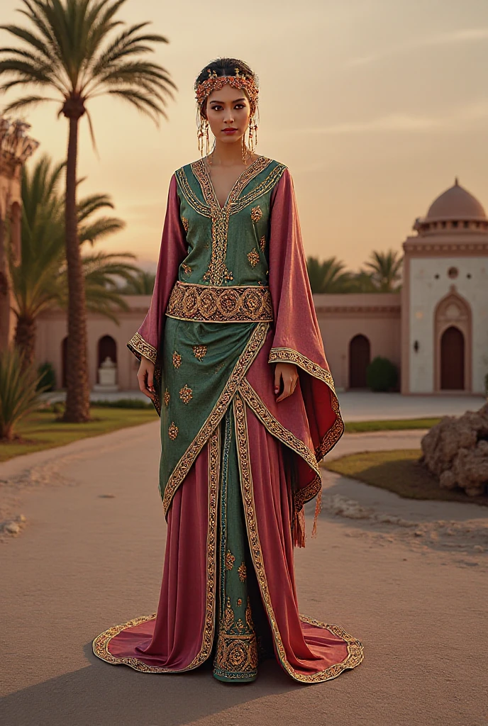 Create a picture of a 40 years old lady in Arabia dress in color combination of blue, green and pink with black stockings in high heels.