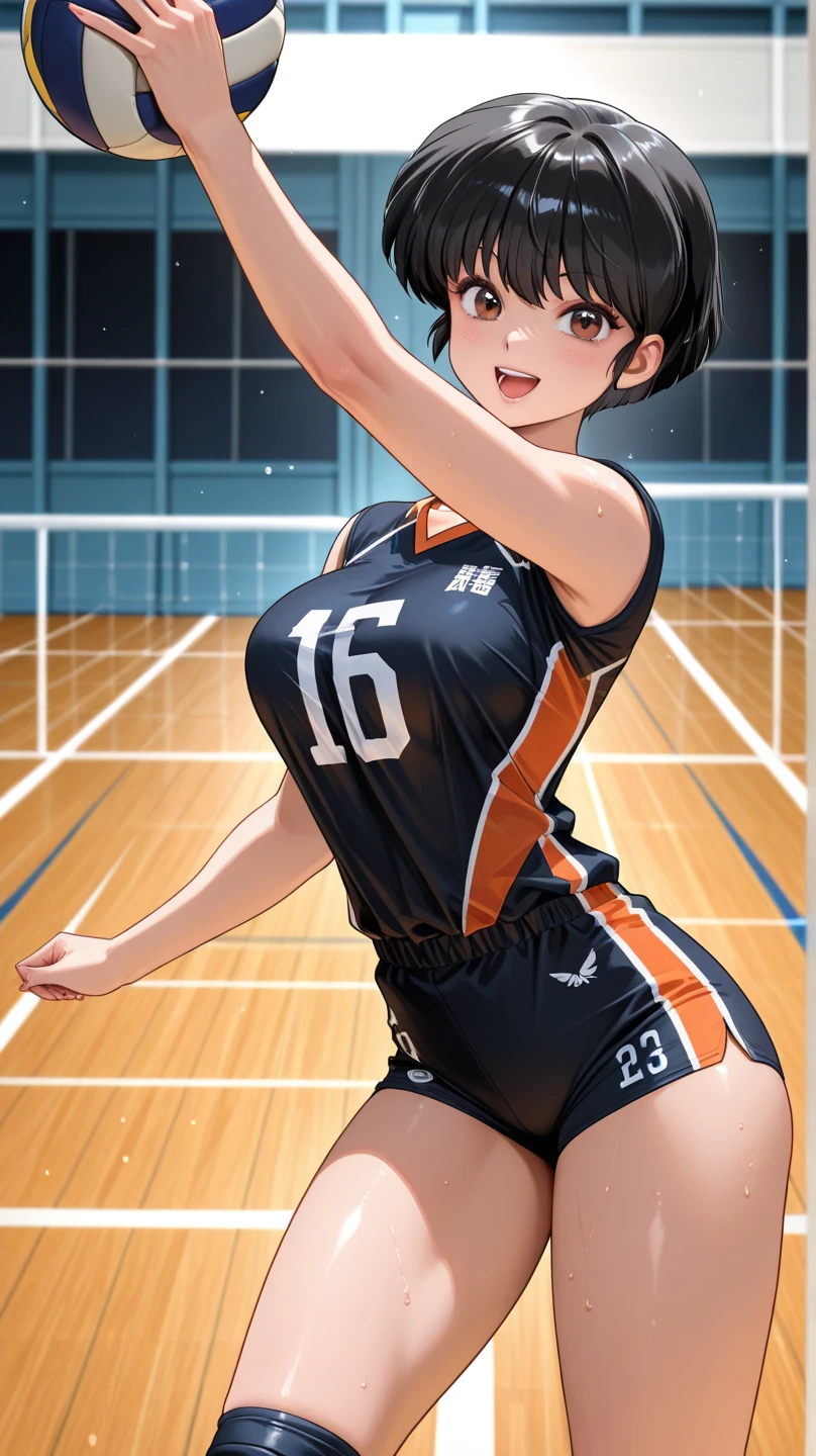 (Highest quality:1.5, High resolution, uhd, 4K, Detailed lighting, Shaders), ((Kugisaki Nobara)) ,solo short hair Brown Hair Brown eyes Cool face ((Volleyball Uniforms))++ Realistic gym Sweat Super oily skin Preparing for exercise No ball No sleeve Cowboy Shot Beautiful Side angle