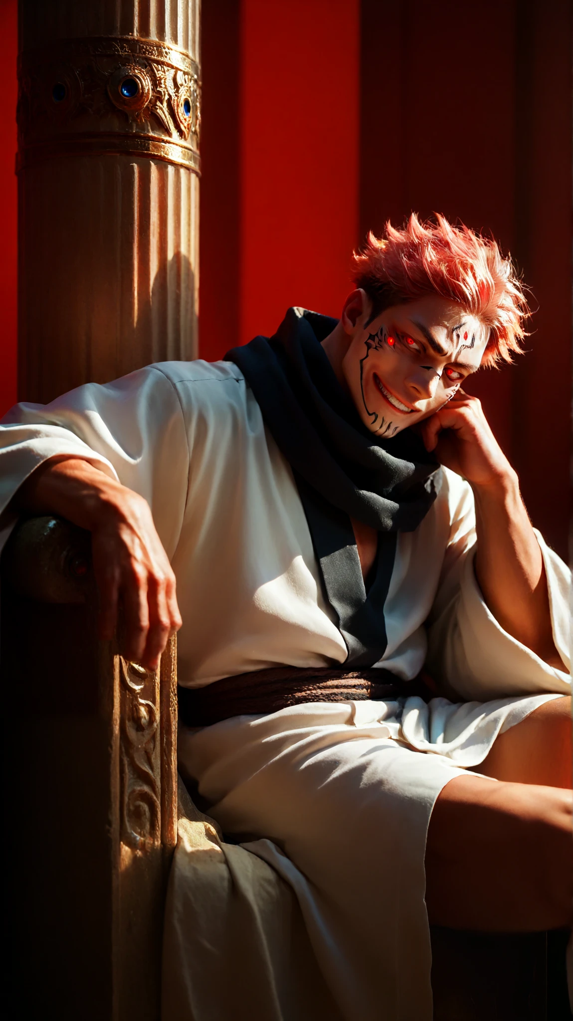 score_9, score_8_up, score_7_up, source_anime, red background, pillar, cowboy shot, third-quarter view, solo, male focus, 1boy, ryomen sukuna, facial tattoo, extra eyes, evil grin, looking at viewer, sitting, throne, white kimono, wide sleeves, black scarf