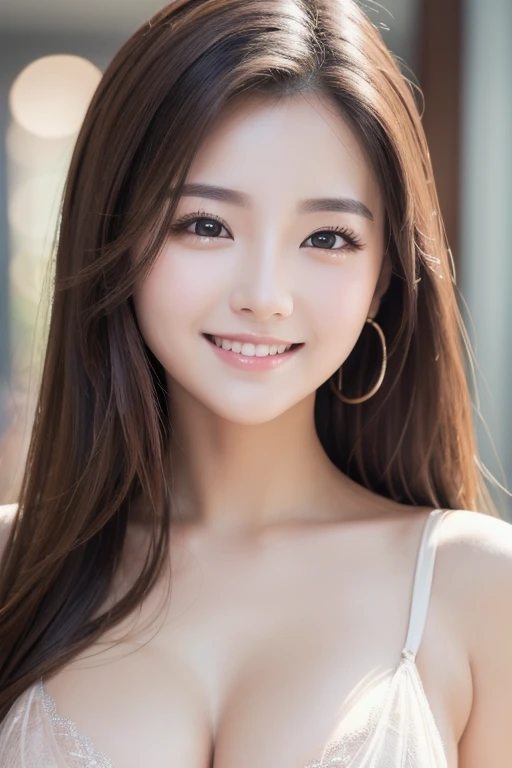 Highest quality, 8K, Very delicate and beautiful, Highly detailed face and skin texture, High resolution, naked 、A big sexy brown long haired Japanese girl with tanned skin is standing in the street and smiling, whole body, Sharp focus,Random Face,Random Posing,